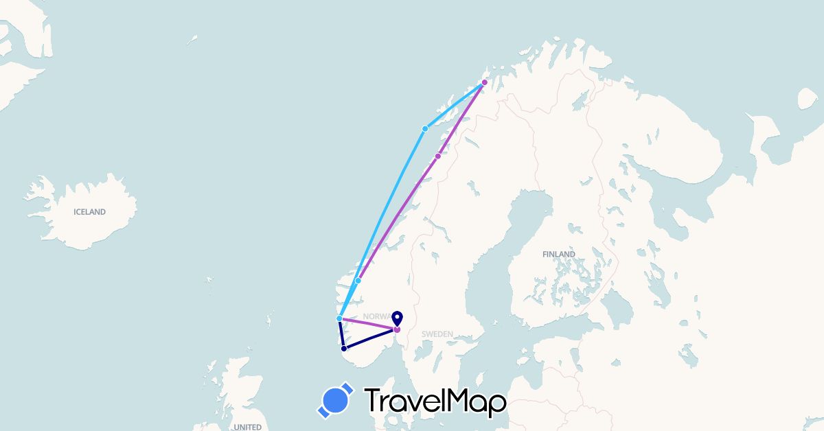 TravelMap itinerary: driving, train, boat in Norway (Europe)
